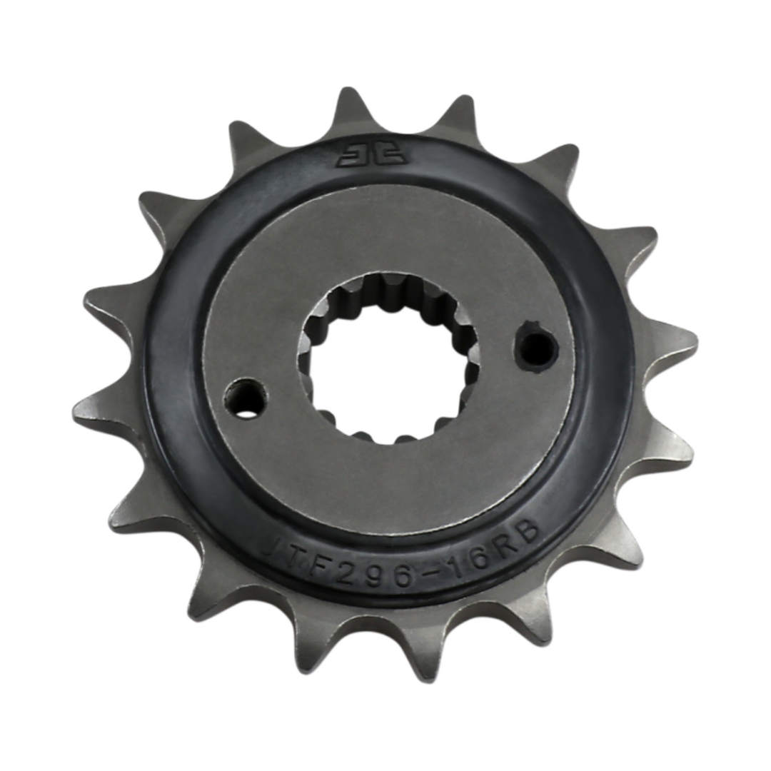 A black front sprocket for a Honda Shadow motorcycle, showing the gear teeth and hole for installation.