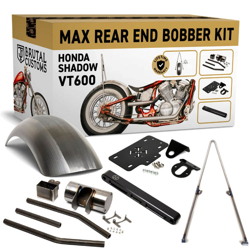 Motorcycle rear end bobber kit with packaging and components on a white background