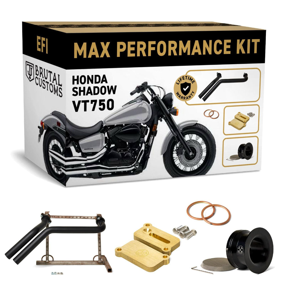 Max Performance Kit packaging for Honda Shadow VT750 with motorcycle illustration and components on a white background.