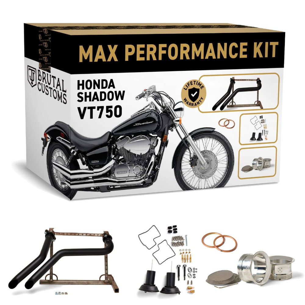 Max Performance Kit packaging for Honda Shadow VT750 with motorcycle illustration and accessories.
